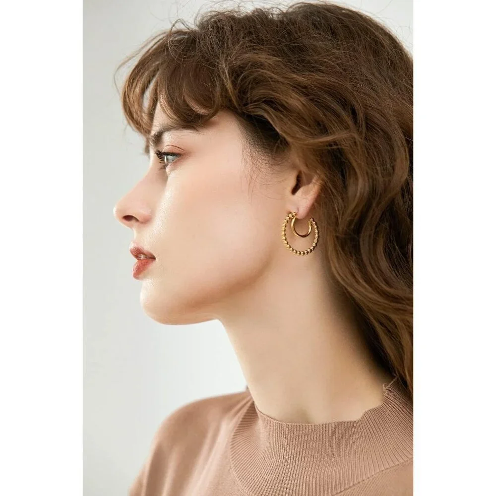 Gold Hoop Earrings for Women 14K Gold Beaded Hoop Earring Hypoallergenic Jewelry